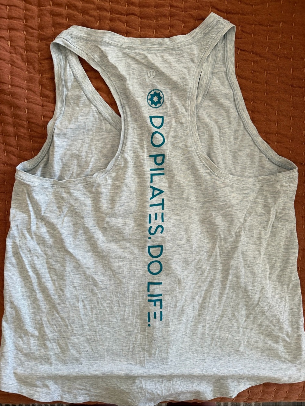lululemon athletica Light Heather Gray Racerback Tank with Teal Back Script